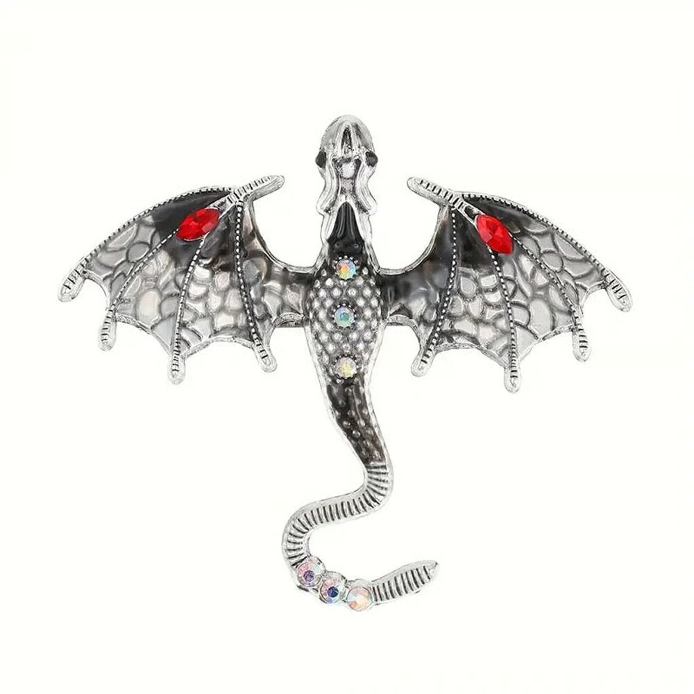 Black and grey enamel and silver metal flying dragon pin/brooch with crystals